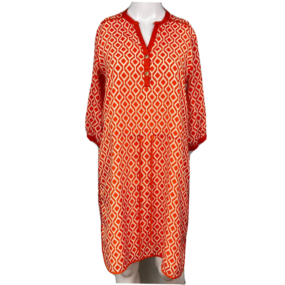 Ava Dress‎ Womens Sz S Orange Ivory Geometric 3/4 Sleeve Drawstring Waist Tunic